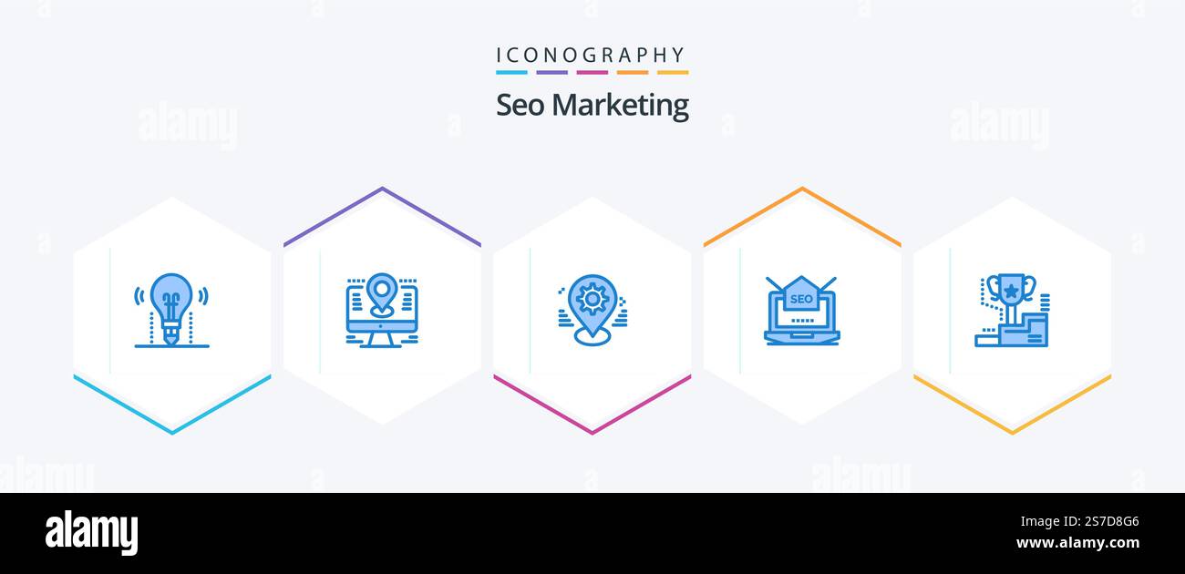 Seo Marketing 25 Blue icon pack including setting. seo. lcd. setting. map Stock Vector