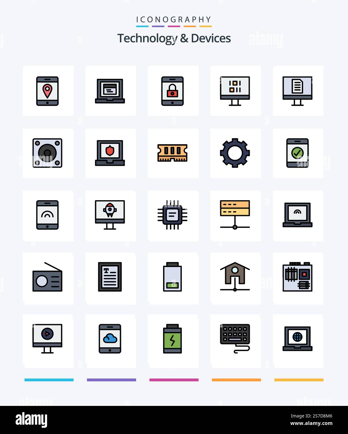 Creative Devices 25 Line FIlled icon pack  Such As hard disk. devices. mobile. office. computer Stock Vector