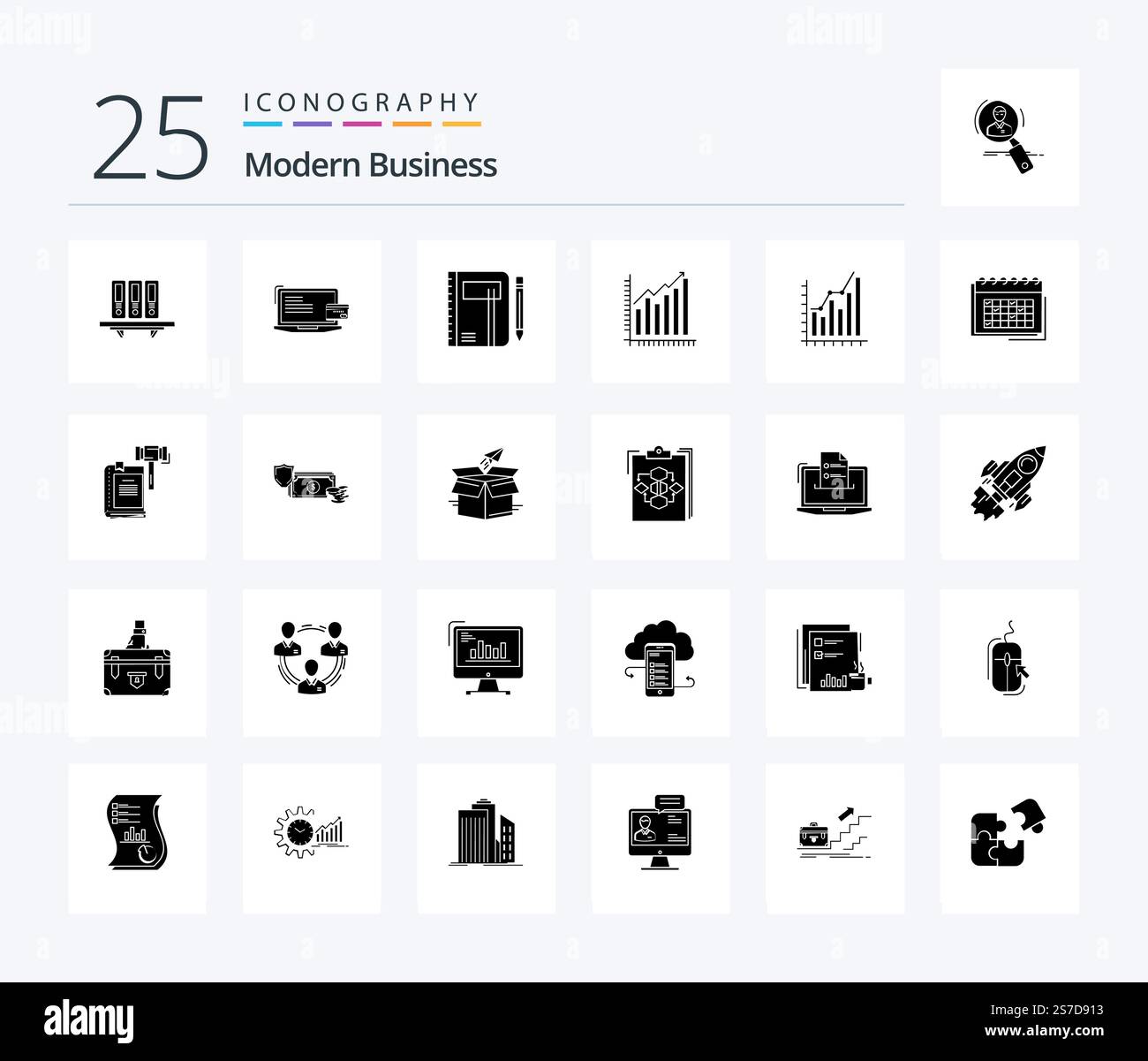 Modern Business 25 Solid Glyph icon pack including pen. notepad. business. note. workbook Stock Vector