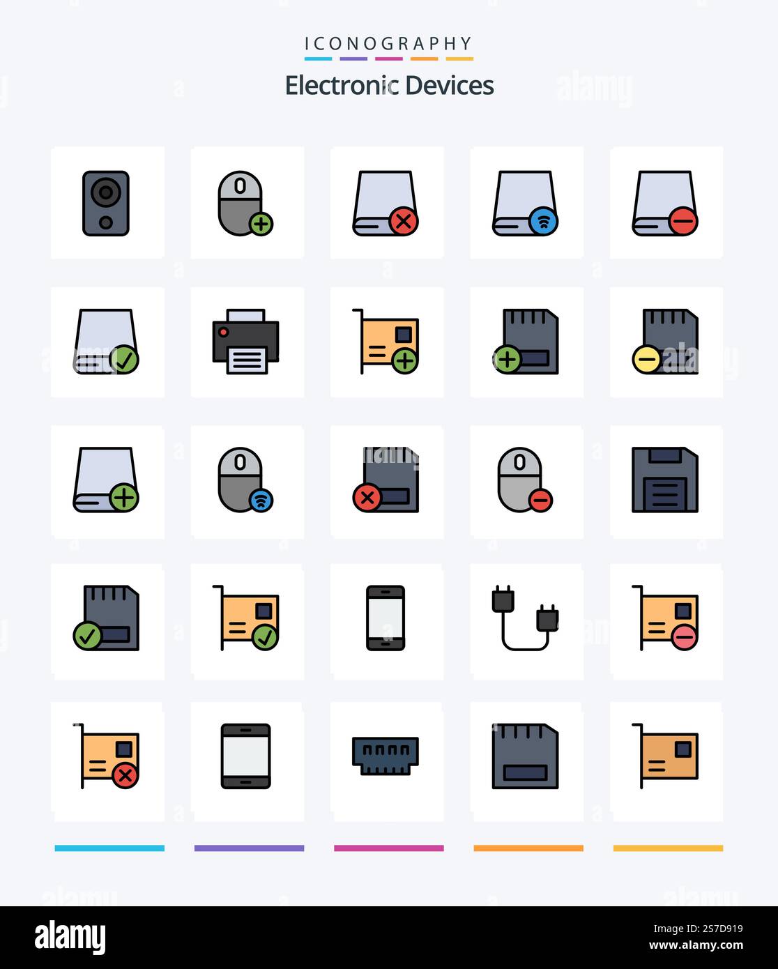 Creative Devices 25 Line FIlled icon pack  Such As devices. computers. gadget. hardware. drive Stock Vector