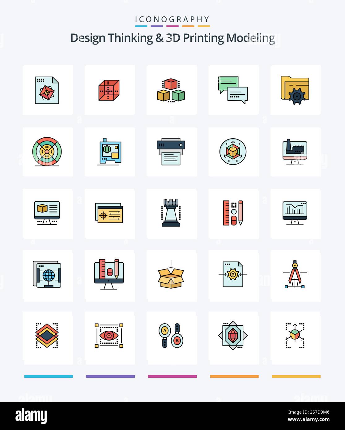 Creative Design Thinking And D Printing Modeling 25 Line FIlled icon pack  Such As printing. film. comment. computing. setting Stock Vector