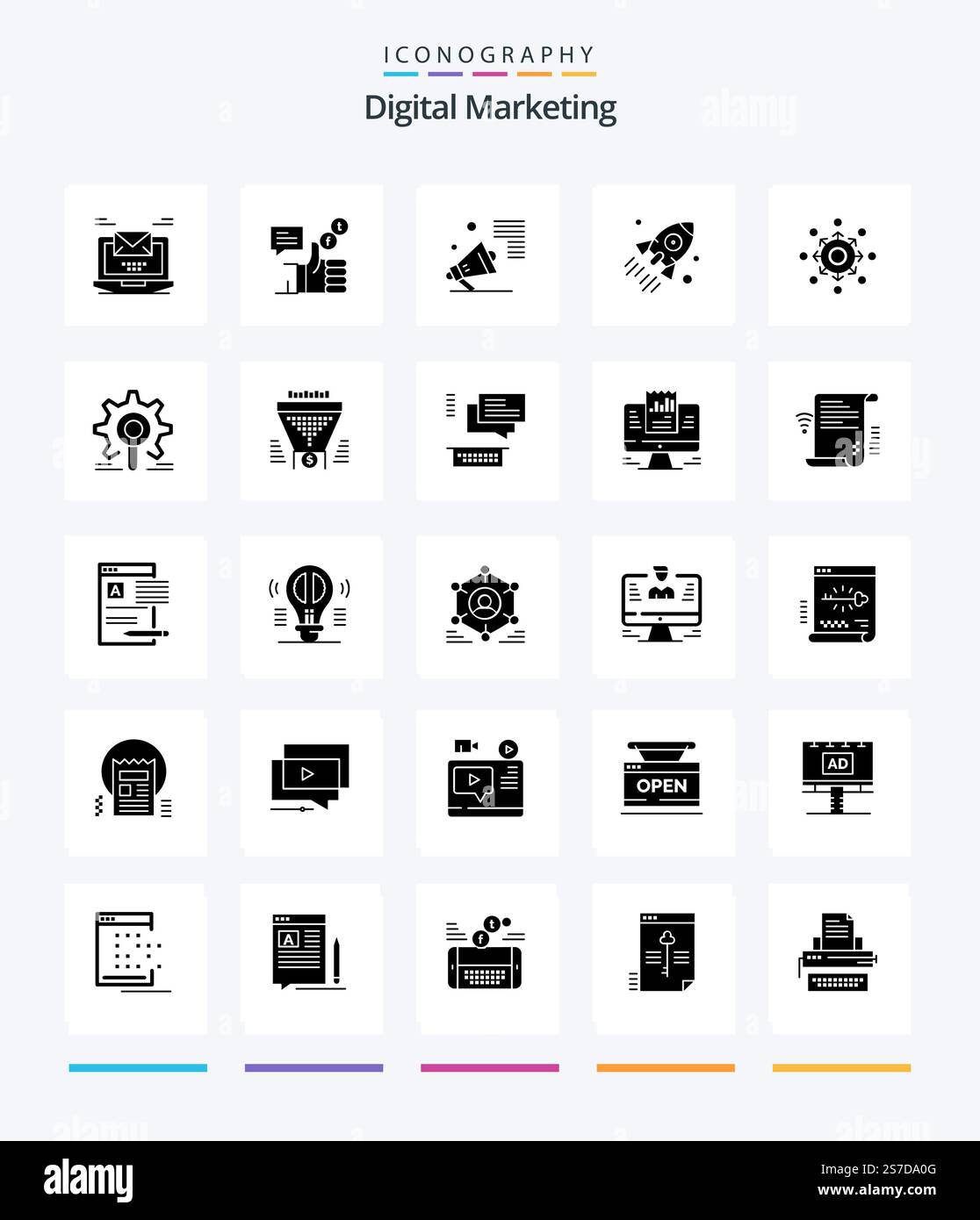 Creative Digital Marketing 25 Glyph Solid Black icon pack  Such As business. launch. facebook. promote. megaphone Stock Vector