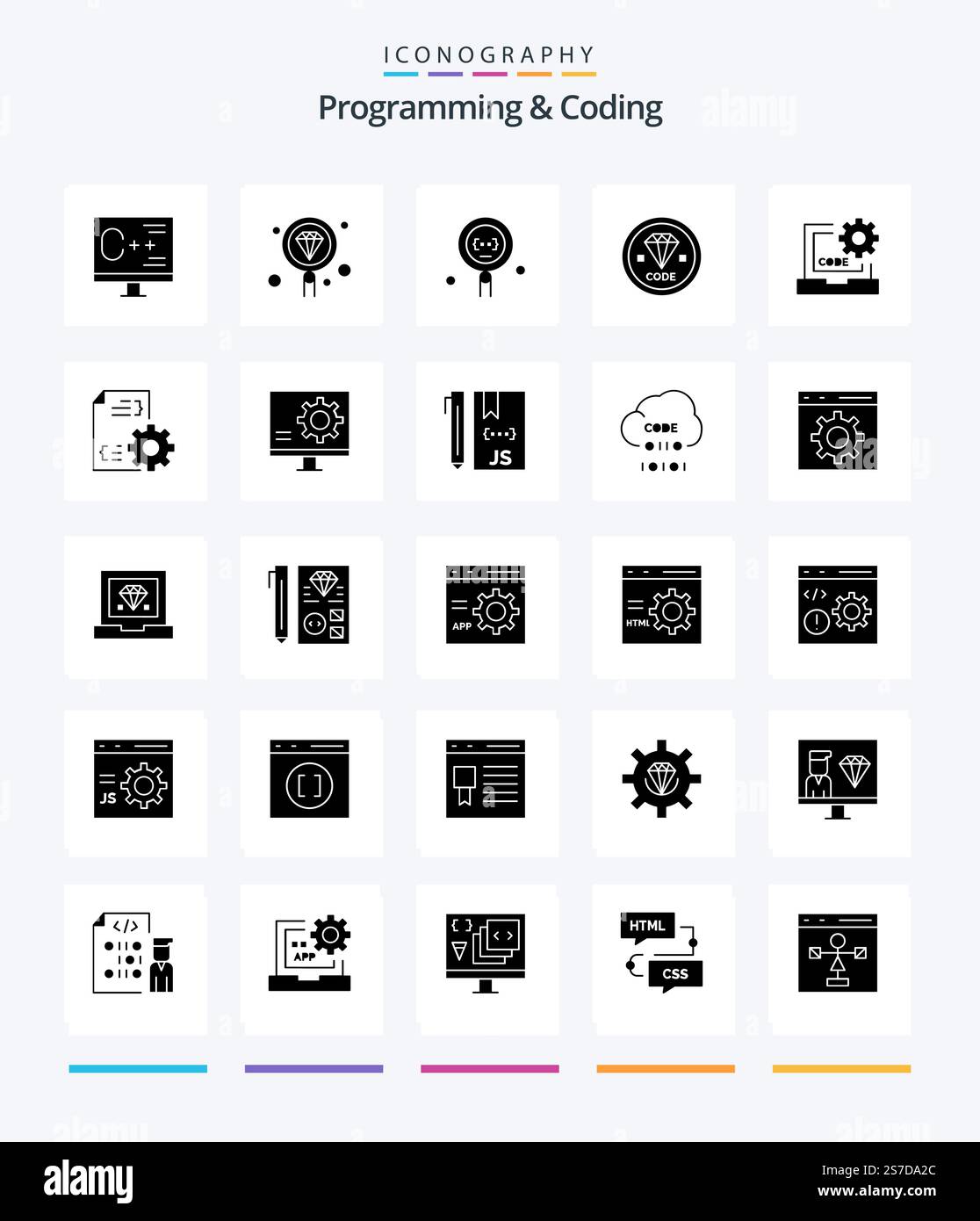 Creative Programming And Coding 25 Glyph Solid Black icon pack  Such As file. develop. programming. programming. develop Stock Vector