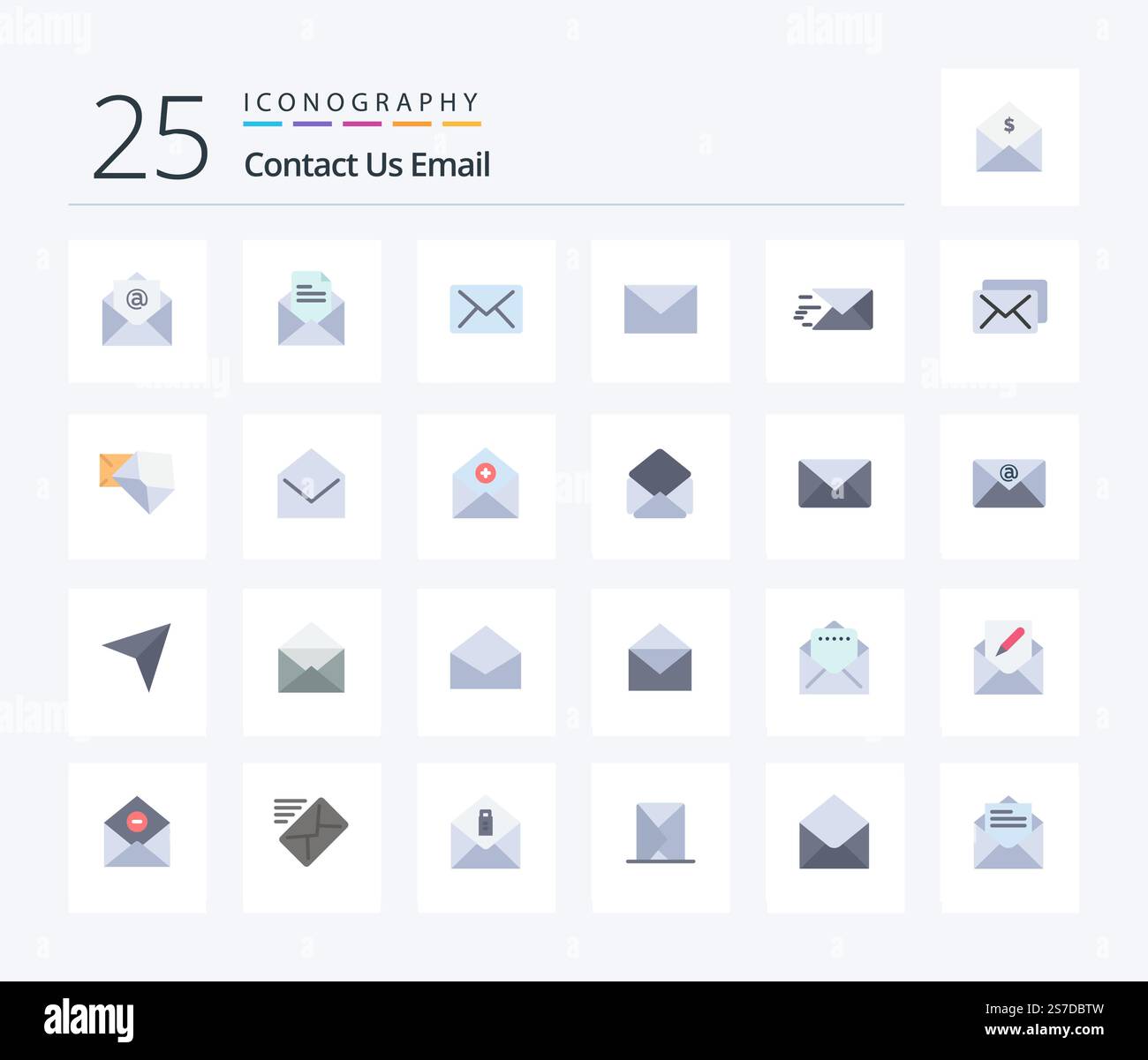 Email 25 Flat Color icon pack including add. message. mail. mail. message Stock Vector