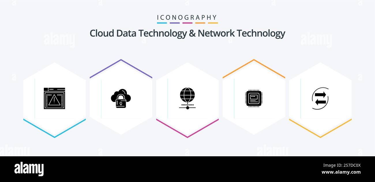 Cloud Data Technology And Network Technology 25 Glyph icon pack including chart. hardware. globe . computer. cpu Stock Vector