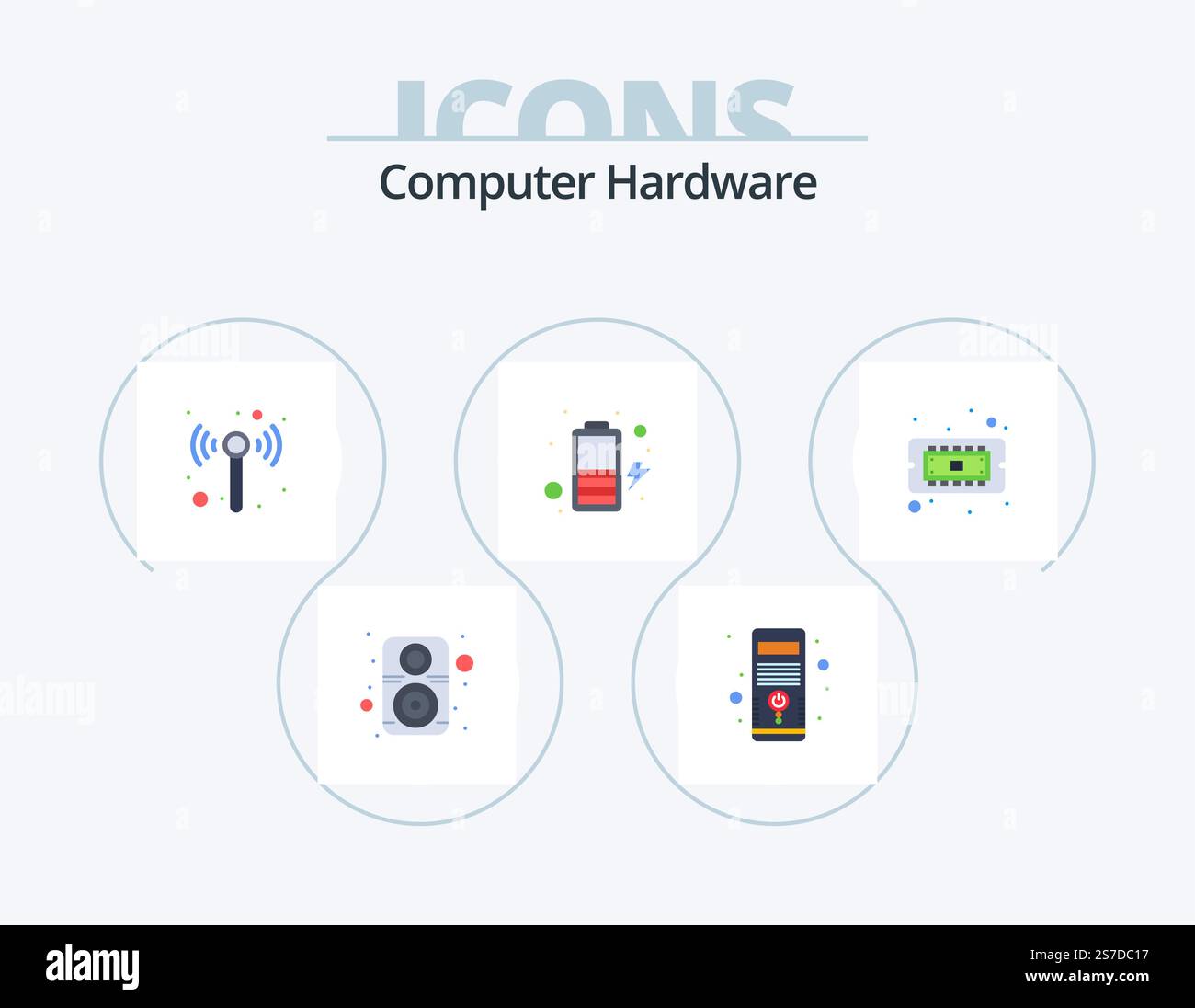 Computer Hardware Flat Icon Pack 5 Icon Design. hardware. computer. technology. chip. charge Stock Vector
