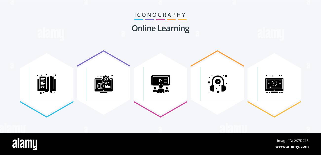 Online Learning 25 Glyph icon pack including learn. learning. learn. headphone. user Stock Vector