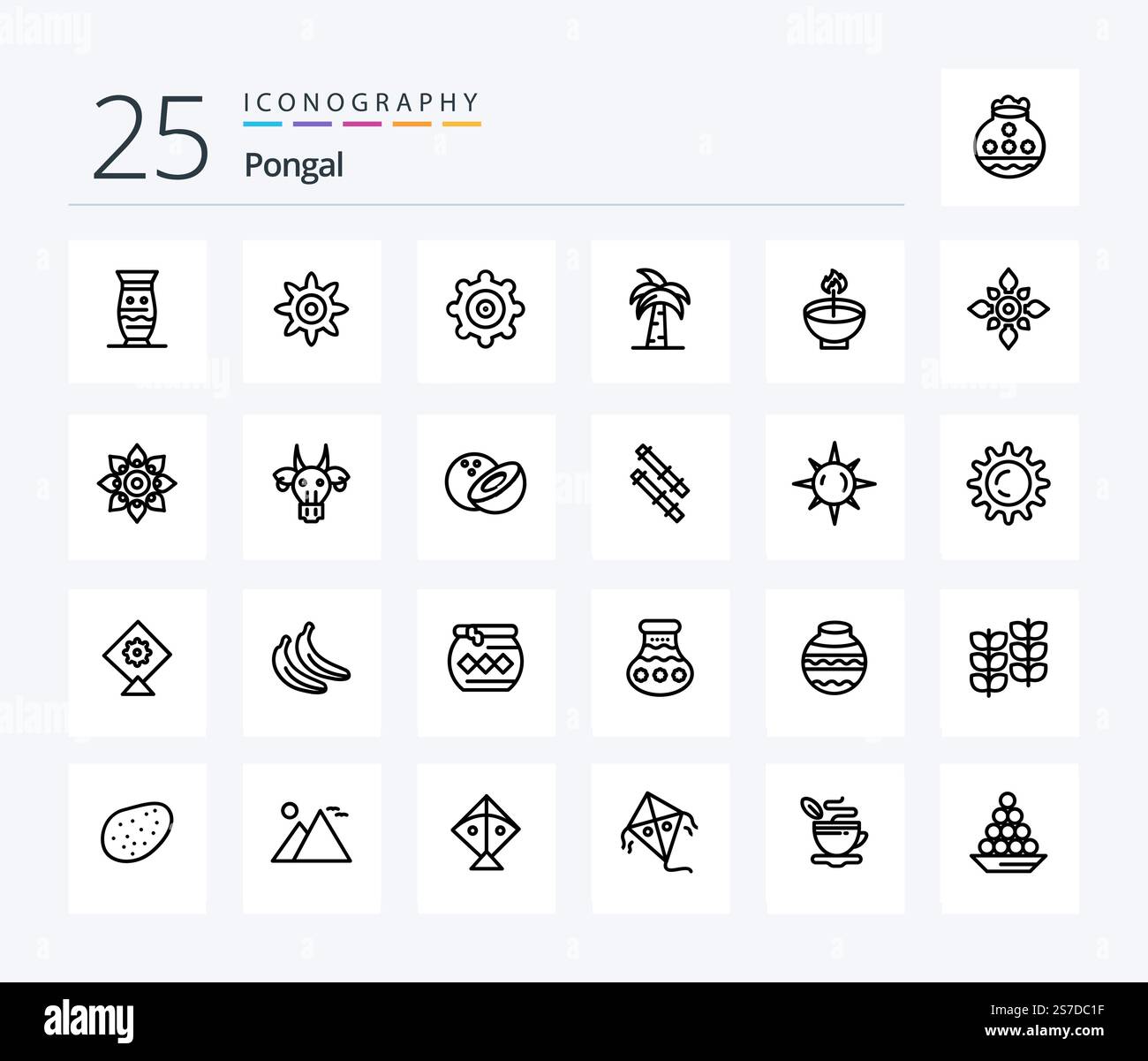 Pongal 25 Line icon pack including deepavali. celebrate. culture. tree ...