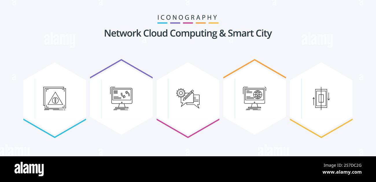 Network Cloud Computing And Smart City 25 Line icon pack including content. message. data. setting. communication Stock Vector