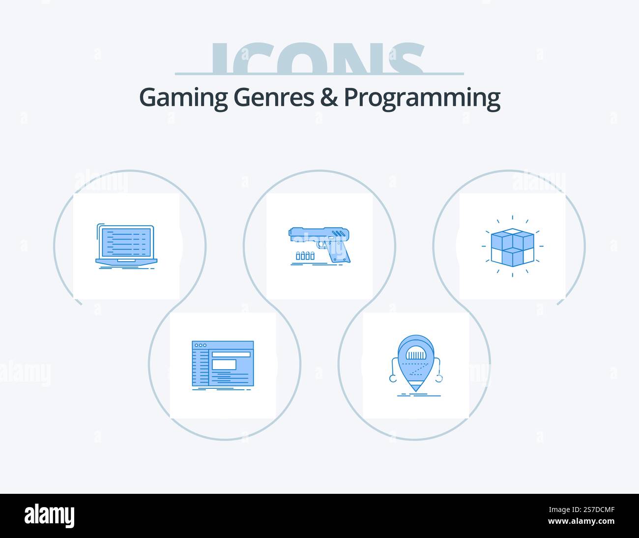 Gaming Genres And Programming Blue Icon Pack 5 Icon Design. handgun. laptop. droid. developer. app Stock Vector