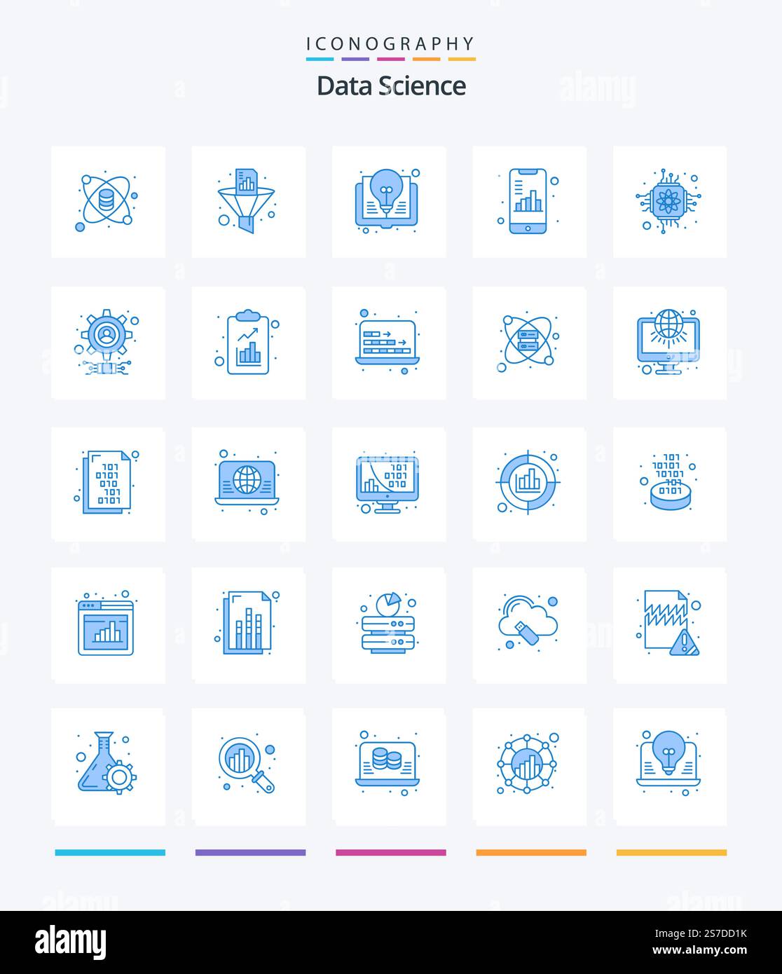 Creative Data Science 25 Blue icon pack  Such As smartphone. document. funnel. analytics. knowledge Stock Vector