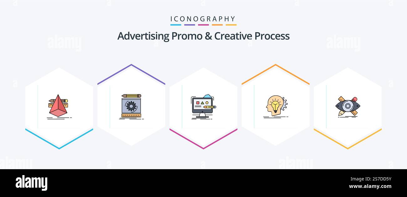 Advertising Promo And Creative Process 25 FilledLine icon pack including head. creative. prototype. studio. design Stock Vector