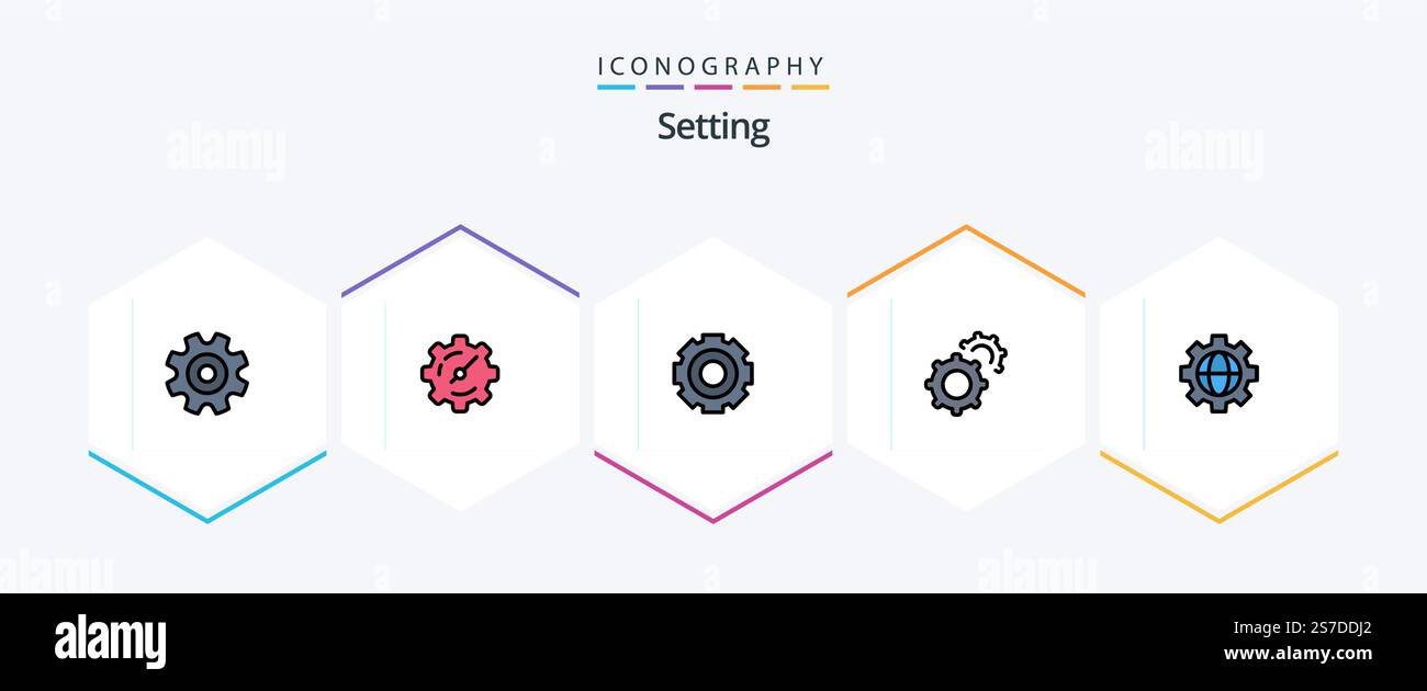 Setting 25 FilledLine icon pack including globe. gear. general. setting. gear Stock Vector