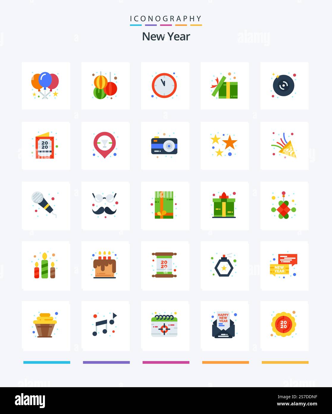 Creative New Year 25 Flat icon pack  Such As multimedia. disk. countdown. surprise. open Stock Vector