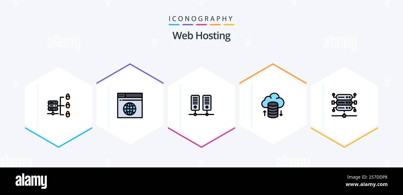 Web Hosting 25 FilledLine icon pack including . server. data. network. hosting network Stock Vector