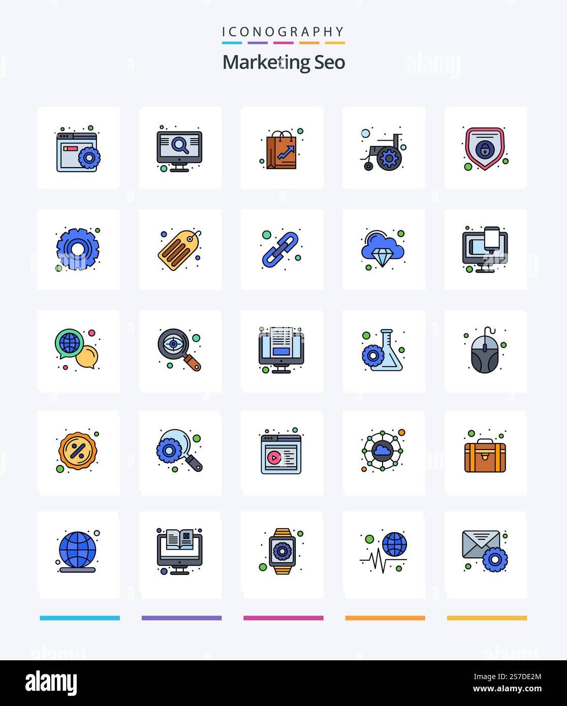Creative Marketing Seo 25 Line FIlled icon pack  Such As disability. cogwheel. bag. approachability. like Stock Vector
