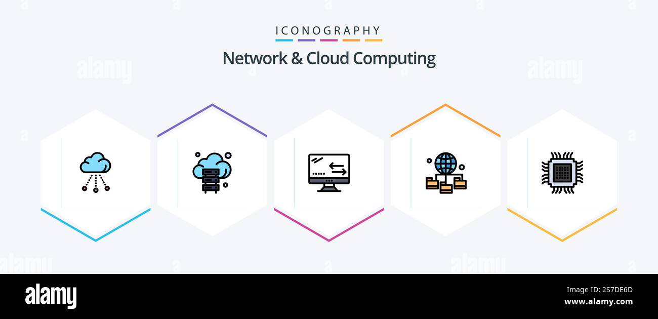 Network And Cloud Computing 25 FilledLine icon pack including cloud. folder. cloud. technology. globe Stock Vector