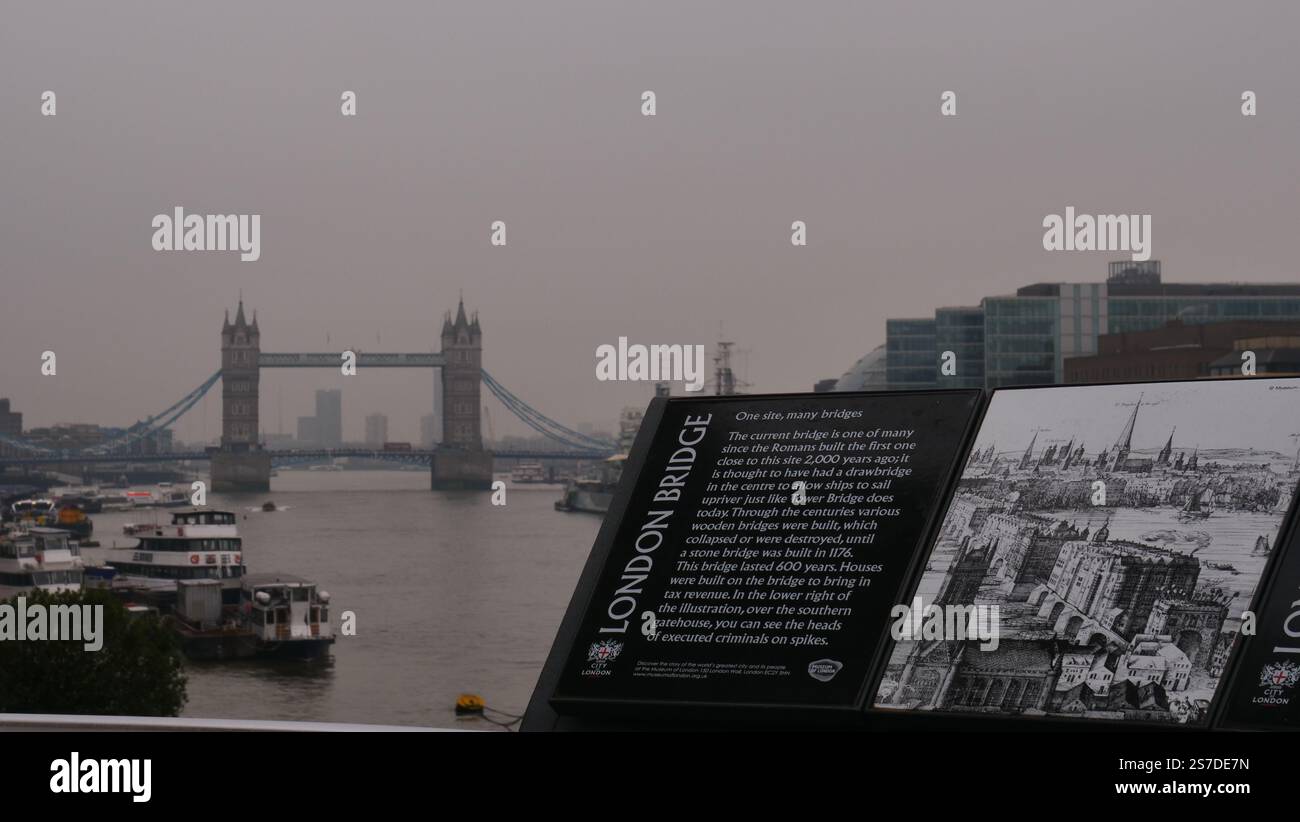 Tower Bridge, London, seen from London Bridge on a misty winter's day. Stock Photo