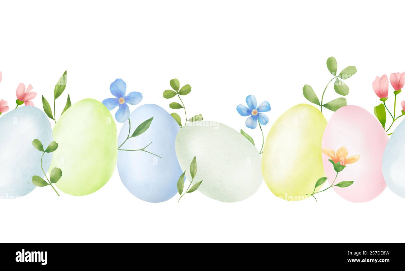 Easter eggs and spring flowers with leaves, seamless horizontal border ...