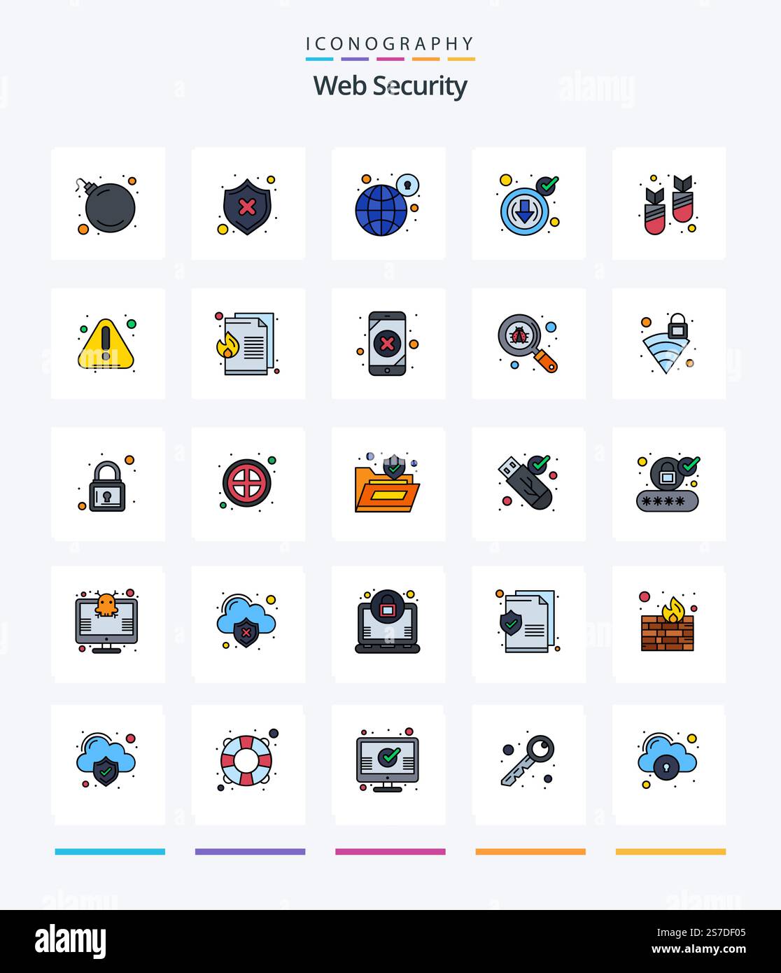 Creative Web Security 25 Line FIlled icon pack  Such As attack. down. global. cyber. security Stock Vector
