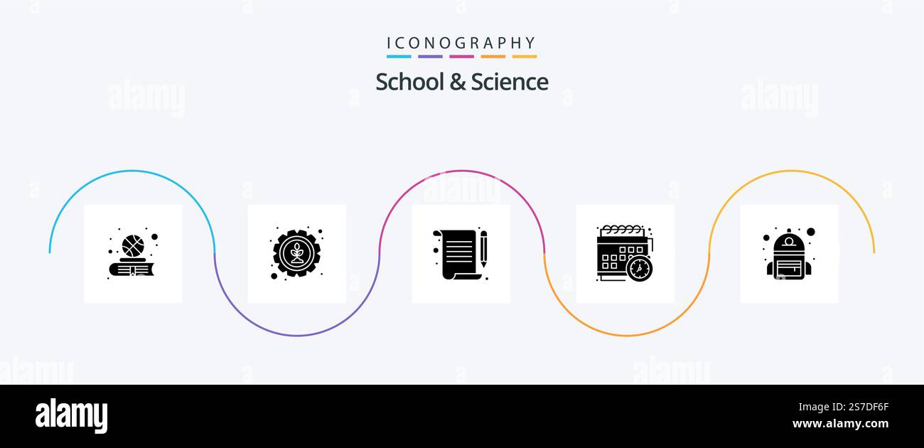 School And Science Glyph 5 Icon Pack Including school. study. document. school. calendar Stock Vector