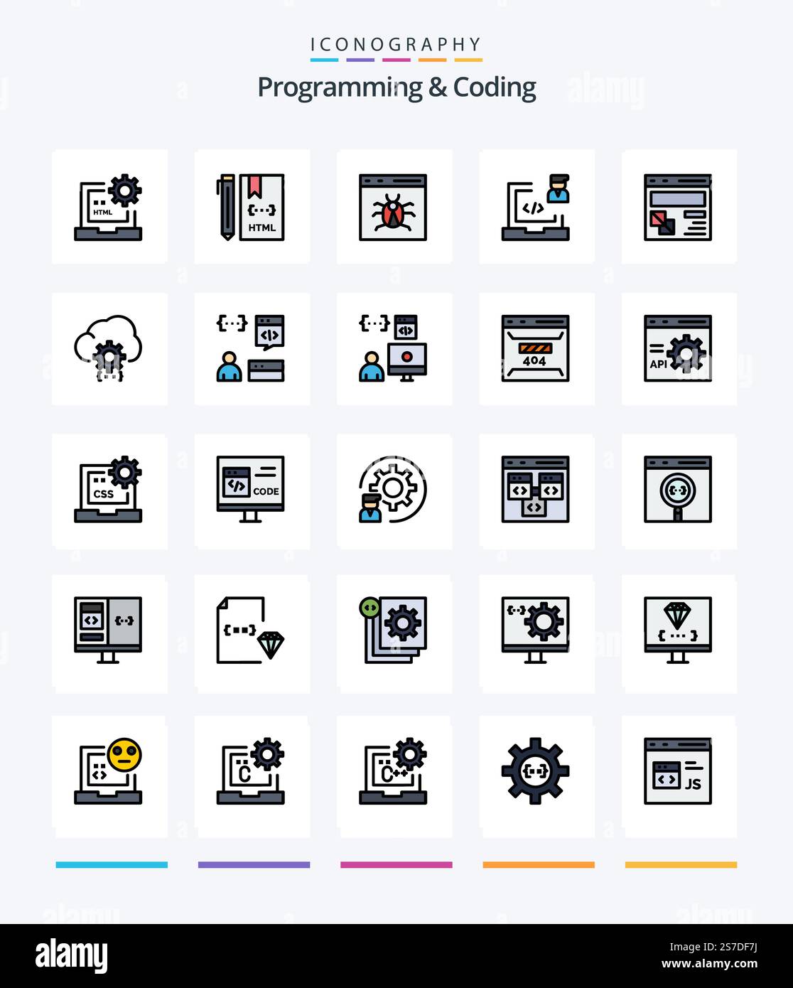 Creative Programming And Coding 25 Line FIlled icon pack  Such As development. browser. develop. programmer. development Stock Vector