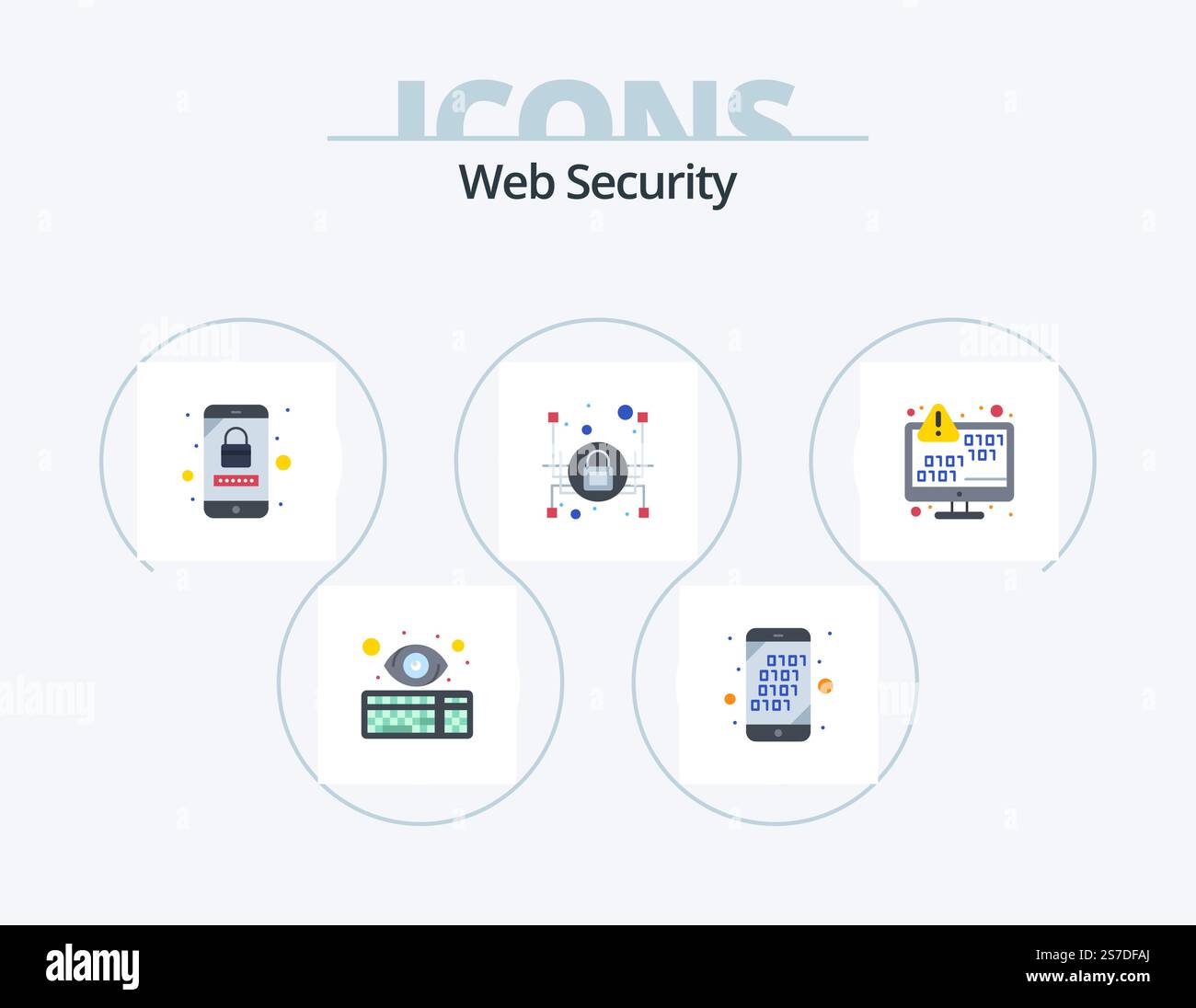 Web Security Flat Icon Pack 5 Icon Design. data encryption. security. search. padlock. mobile security Stock Vector
