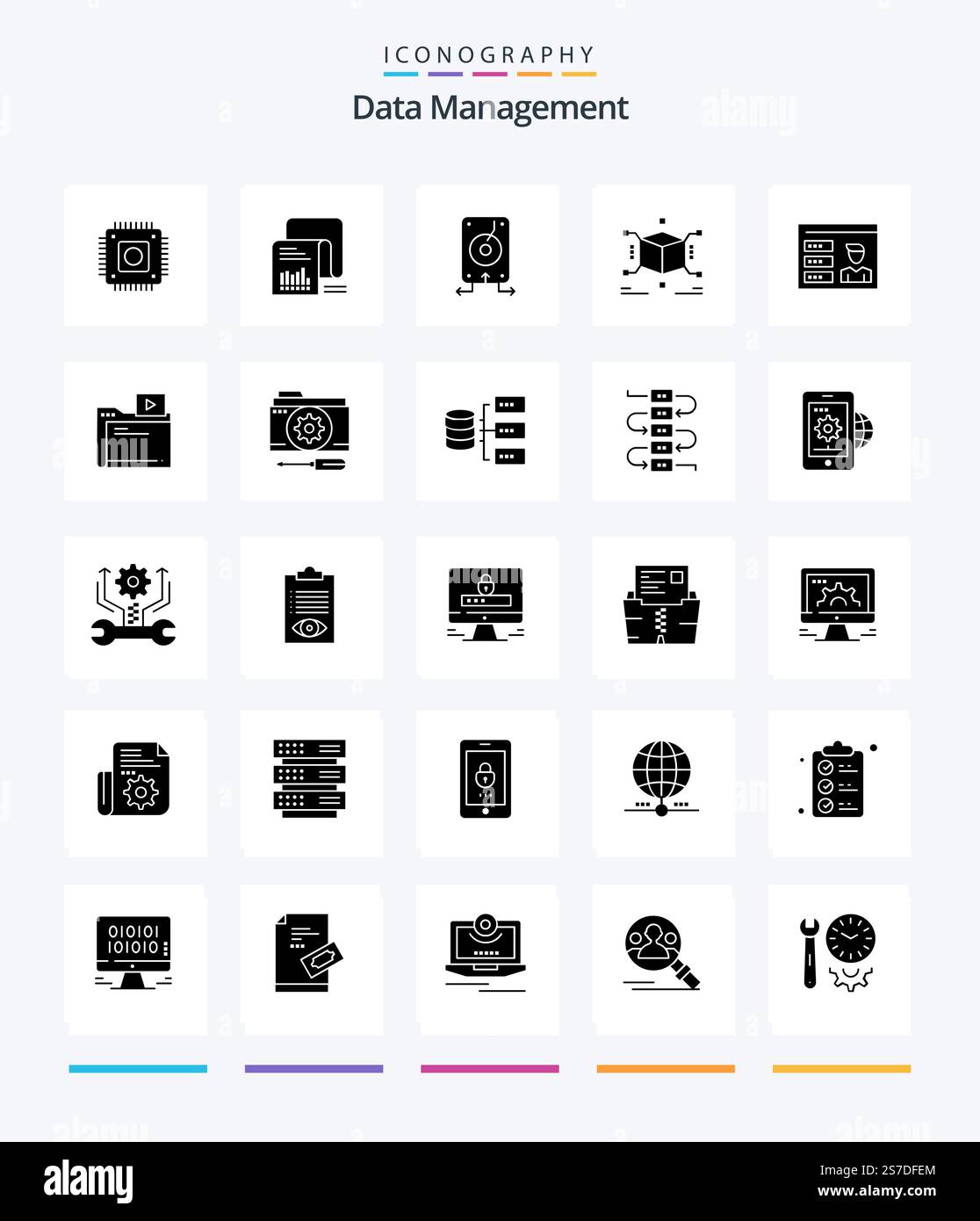 Creative Data Management 25 Glyph Solid Black icon pack  Such As . server. documents. file. backup Stock Vector
