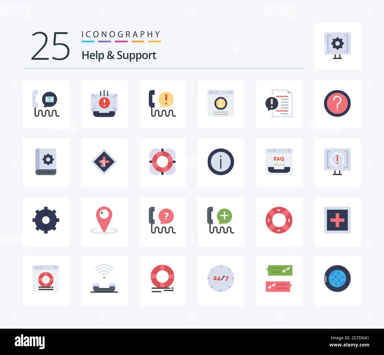 Help And Support 25 Flat Color icon pack including document. communication. communication. support. chat alert Stock Vector