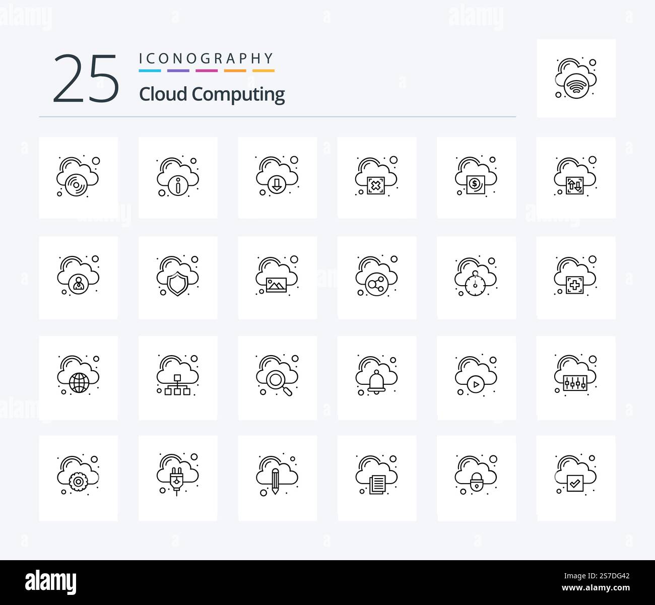Cloud Computing 25 Line icon pack including cloud. cross. download. warning. cloud Stock Vector