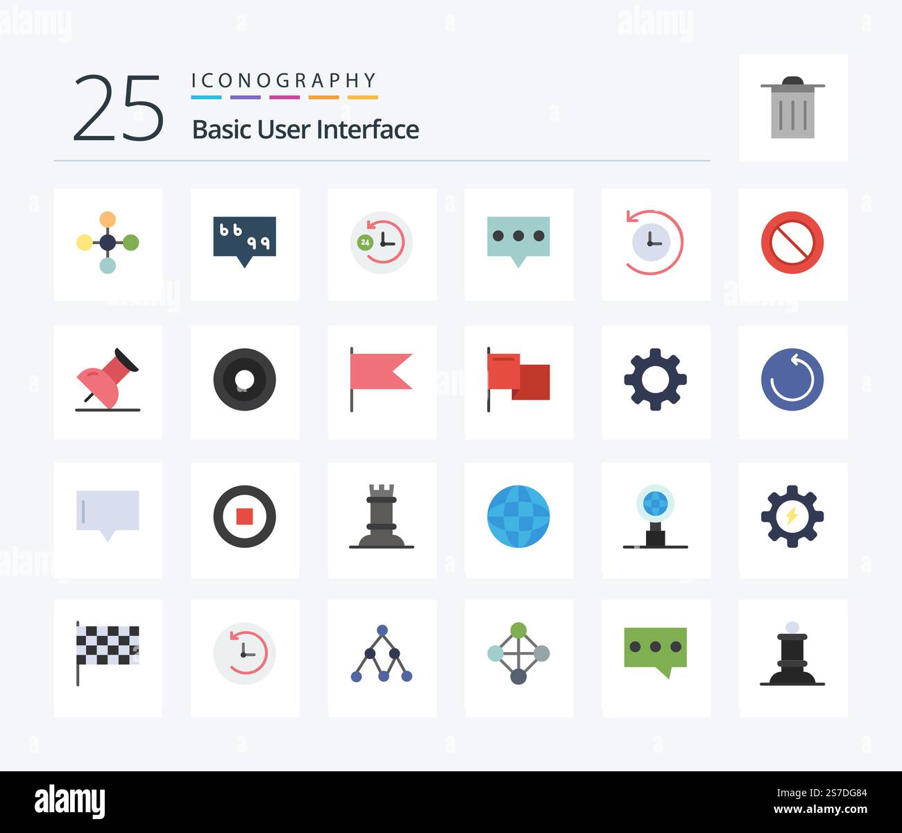 Basic 25 Flat Color icon pack including basic. time machine. day and night. future. message Stock Vector