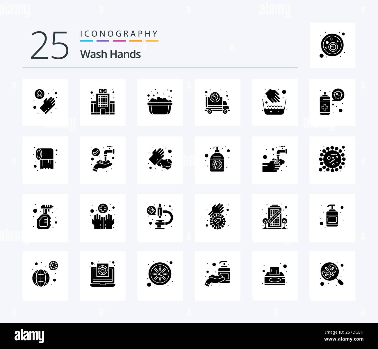 Wash Hands 25 Solid Glyph icon pack including hygiene. virus. hand ...