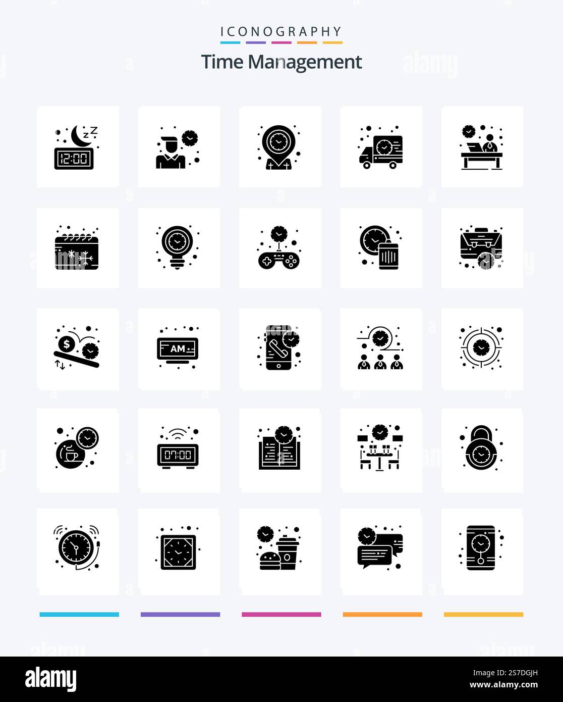 Creative Time Management 25 Glyph Solid Black icon pack  Such As desk. time. working. shipping. time Stock Vector