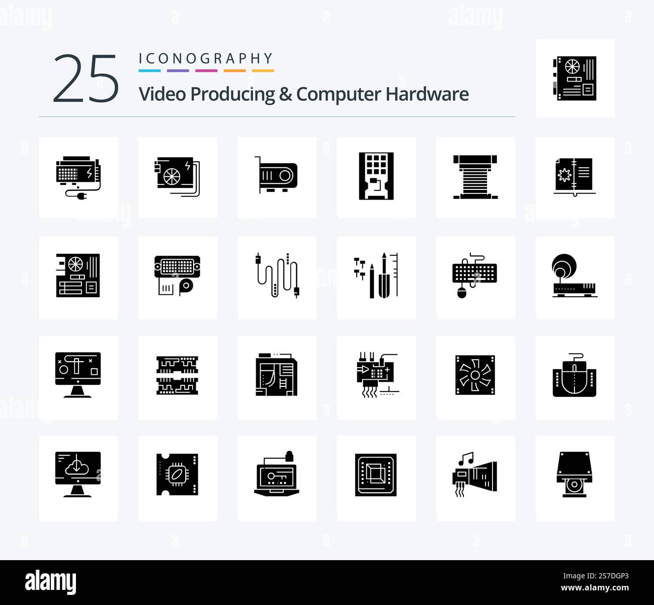 Video Producing And Computer Hardware 25 Solid Glyph icon pack including solid. drive. power. disk. technology Stock Vector
