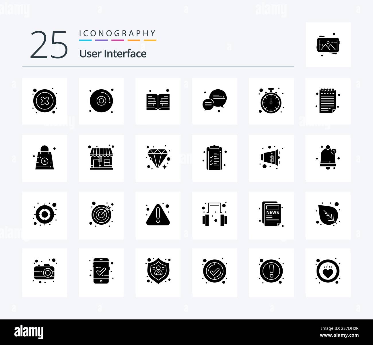 User Interface 25 Solid Glyph icon pack including note. timer. education. watch. message Stock Vector