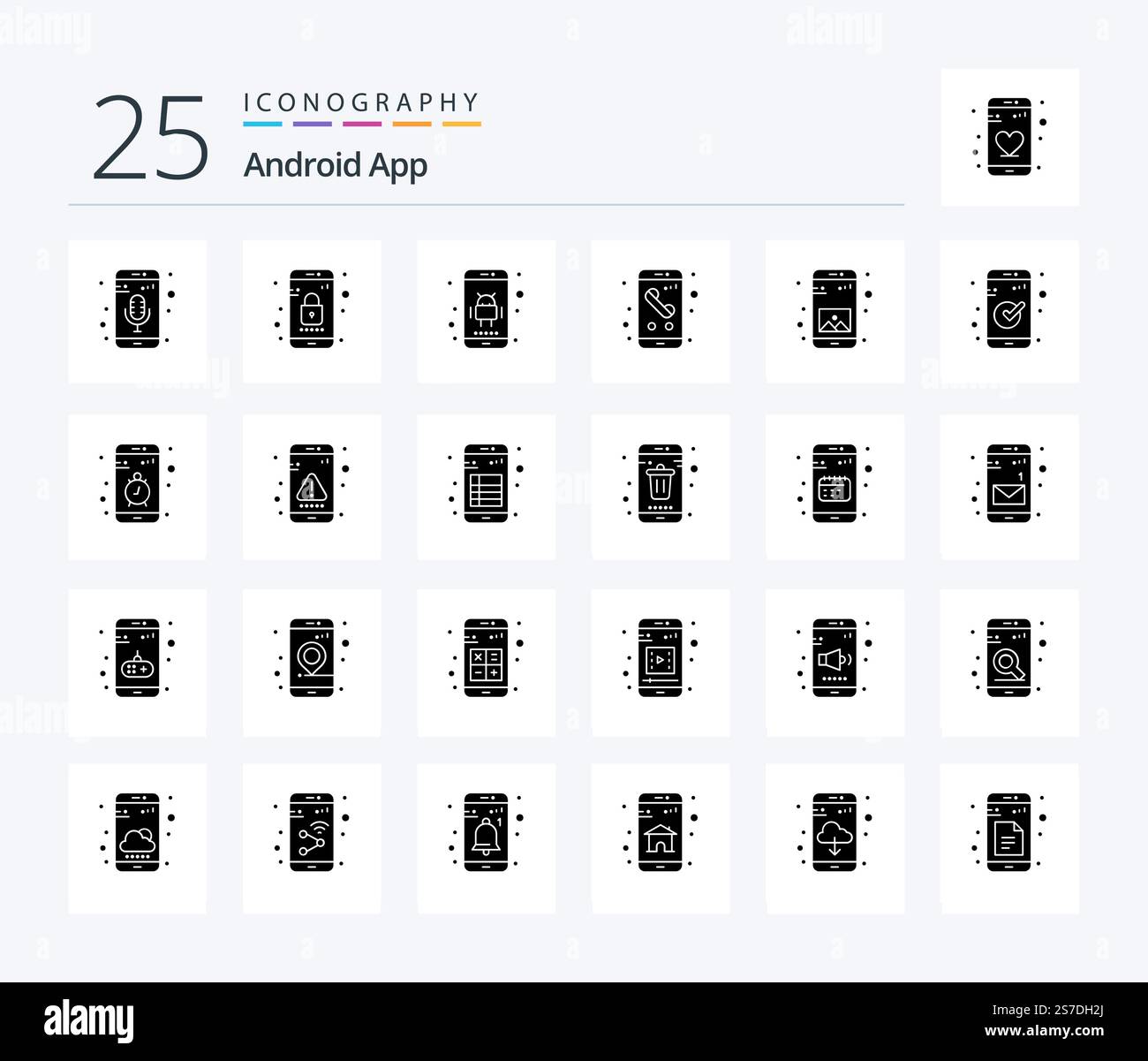 Android App 25 Solid Glyph icon pack including app. phone. android. mobile. app Stock Vector