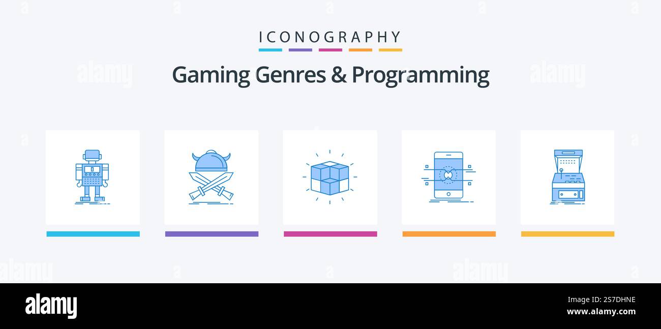 Gaming Genres And Programming Blue 5 Icon Pack Including mobile. api. warrior. cube. puzzle. Creative Icons Design Stock Vector