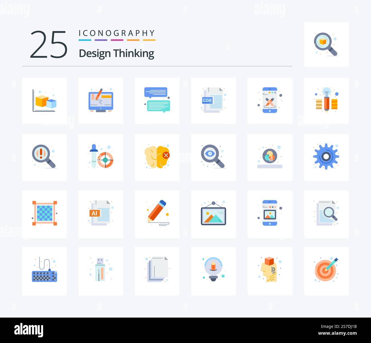 Design Thinking 25 Flat Color icon pack including phone. file format. screen. corel. cdr file Stock Vector