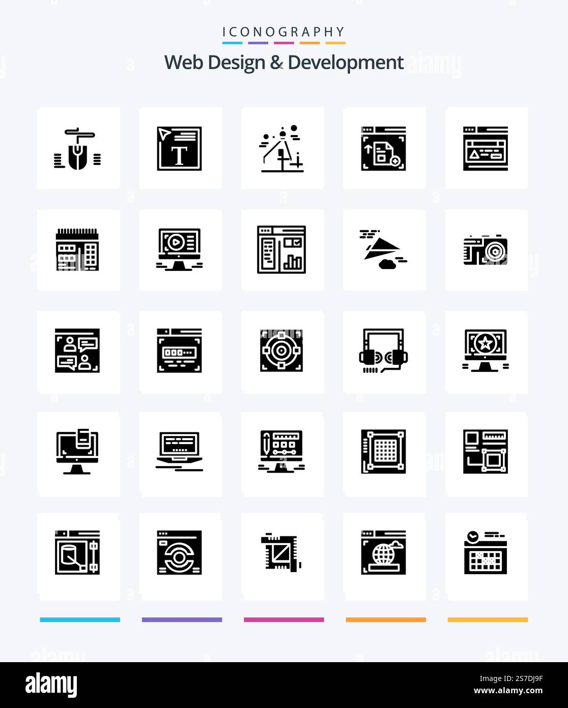 Creative Web Design And Development 25 Glyph Solid Black icon pack  Such As . web. font. interface. graphic Stock Vector