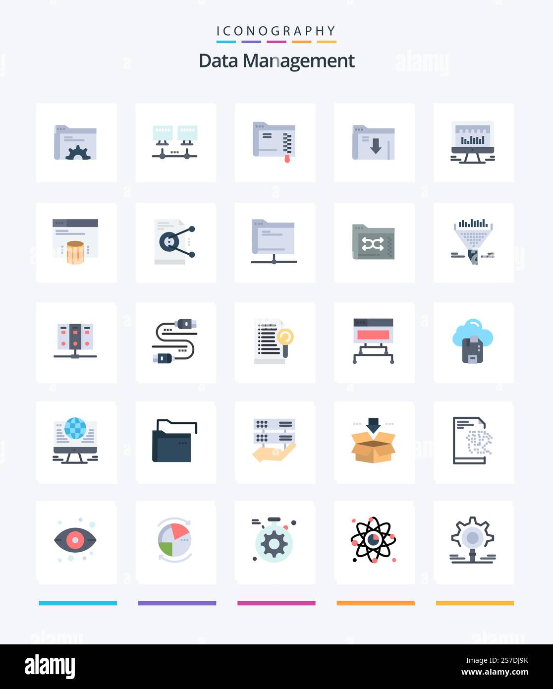 Creative Data Management 25 Flat icon pack  Such As beat. computer. folder. download. folder Stock Vector