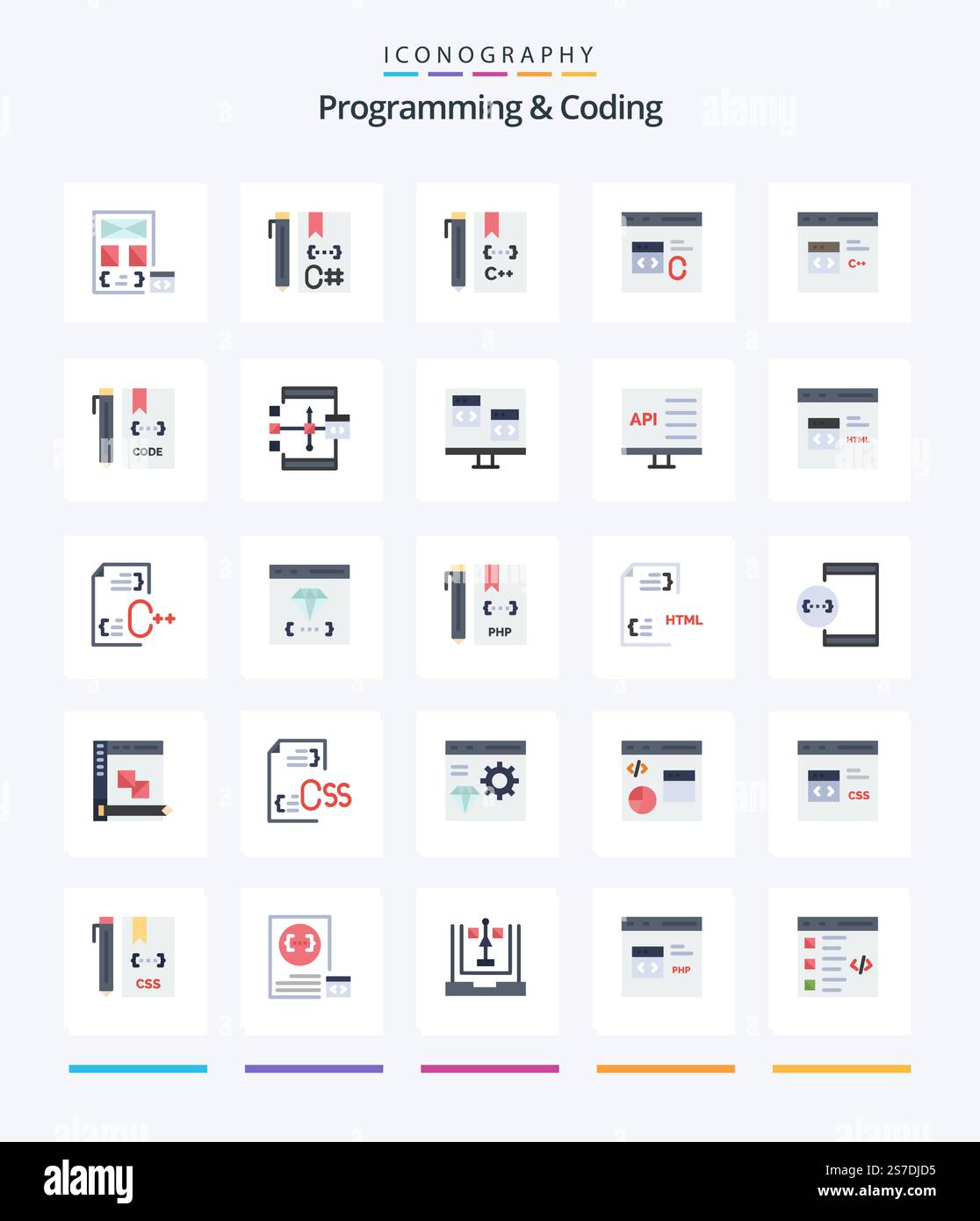 Creative Programming And Coding 25 Flat icon pack  Such As develop. app. develop. file. develop Stock Vector