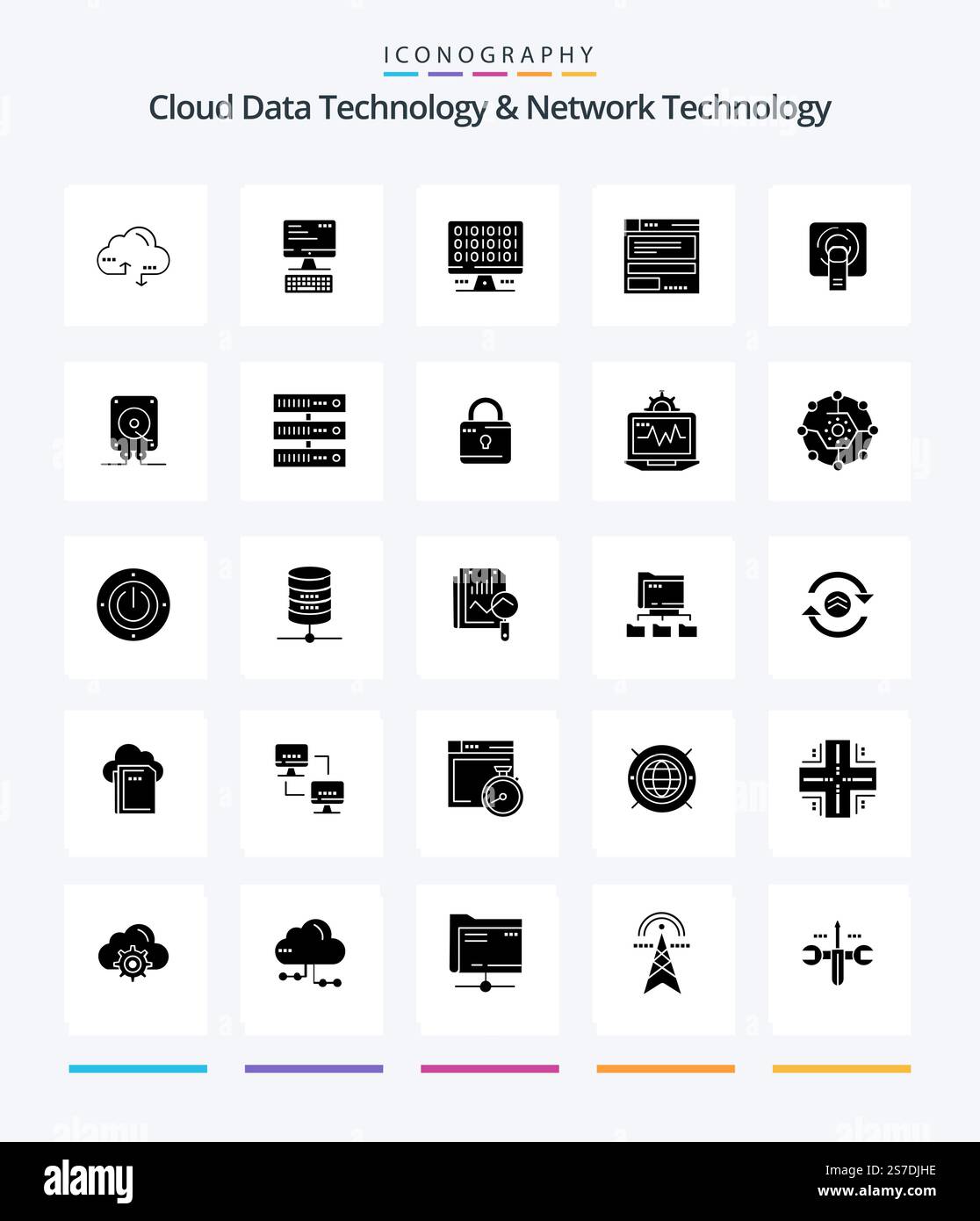 Creative Cloud Data Technology And Network Technology 25 Glyph Solid Black icon pack  Such As tuch. code. web. computing. file Stock Vector