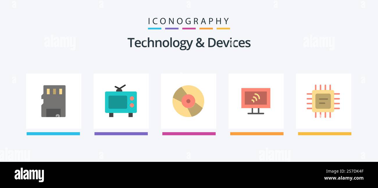 Devices Flat 5 Icon Pack Including . microchip. dvd. cpu. wifi. Creative Icons Design Stock Vector
