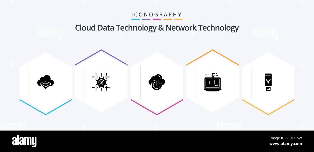 Cloud Data Technology And Network Technology 25 Glyph icon pack including wifi . hardware. cloud. laptop. computer Stock Vector