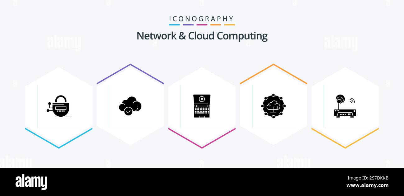 Network And Cloud Computing 25 Glyph icon pack including technology. electronic. laptop. device. network Stock Vector