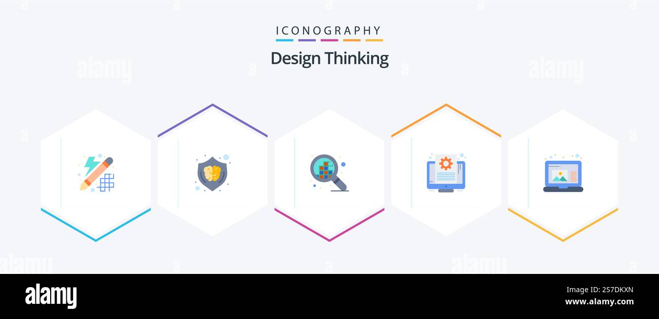 Design Thinking 25 Flat icon pack including draw. screen. brain. setting. document Stock Vector