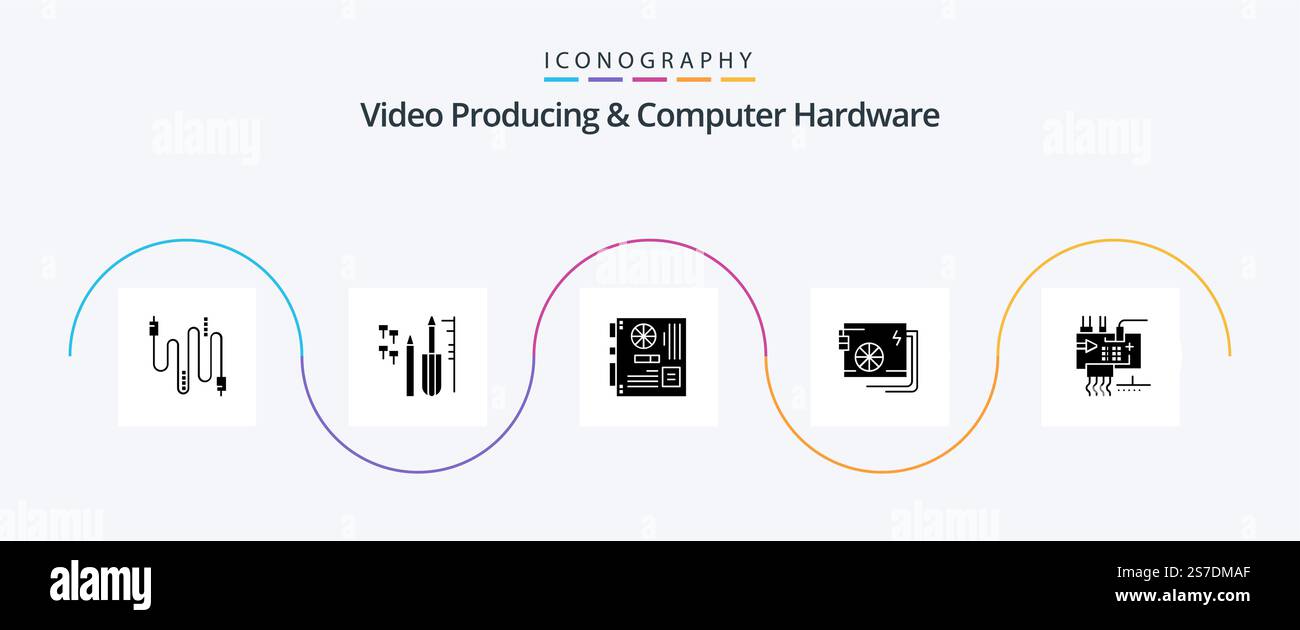 Video Producing And Computer Hardware Glyph 5 Icon Pack Including supply. part. computer. computer. motherboard Stock Vector
