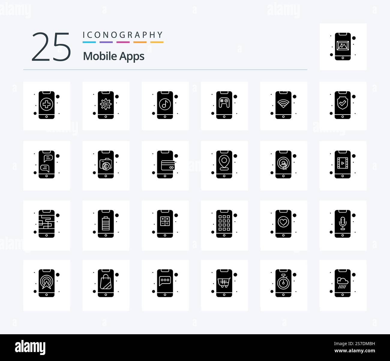 Mobile Apps 25 Solid Glyph icon pack including app. mobile. app. game. app Stock Vector