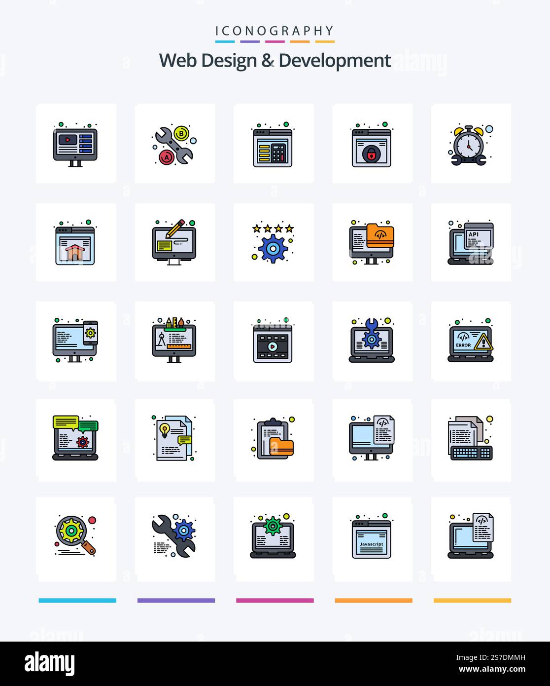 Creative Web Design And Development 25 Line FIlled icon pack  Such As repair. timer. layout. stop. web Stock Vector