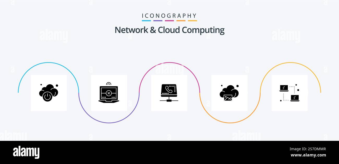 Network And Cloud Computing Glyph 5 Icon Pack Including networking. computing. help. technology. gallery Stock Vector